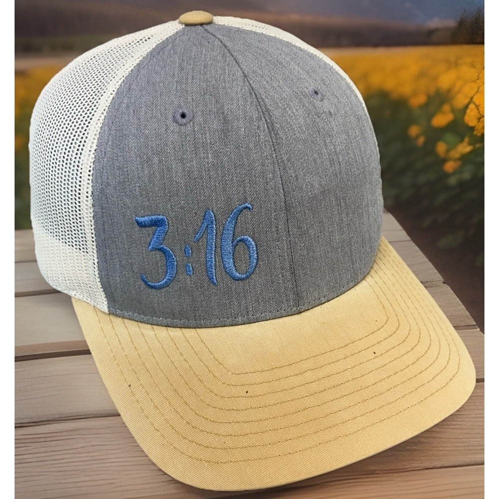 John 3:16 Richardson Snapback Trucker Hat Gray Tan White Mesh Back Cap